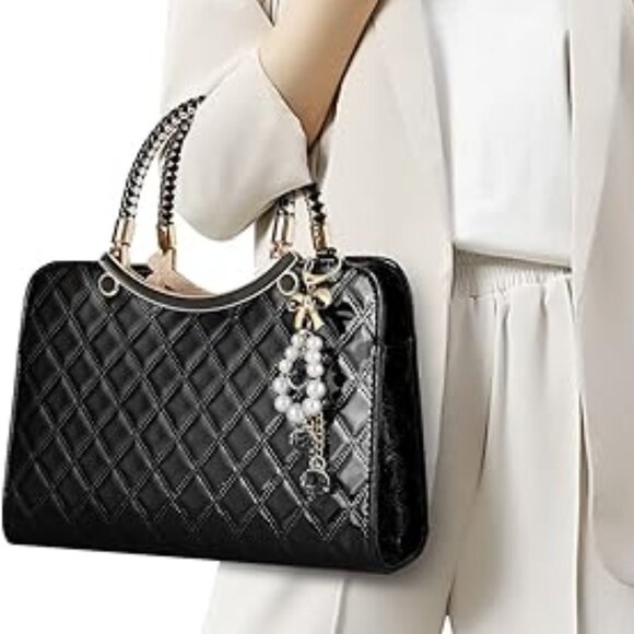 Neiman Marcus Shiny Faux Black Leather Diamond Pattern Top Handle Purse - Picture 1 of 5